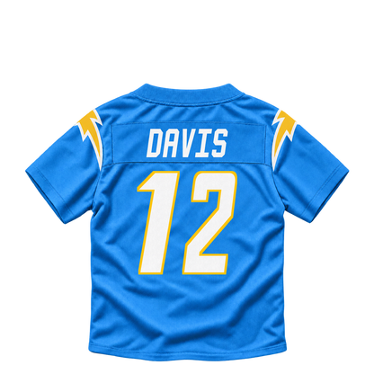 Los Angeles Chargers jersey keychain — Derius Davis #12. Exact saved player artwork preview.