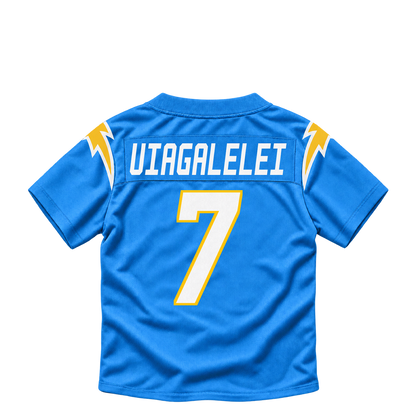 Los Angeles Chargers jersey keychain — DJ Uiagalelei #7. Exact saved player artwork preview.