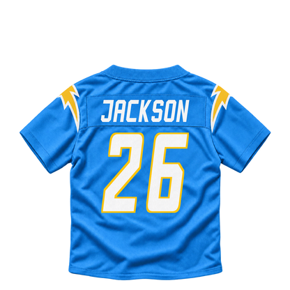 Los Angeles Chargers jersey keychain — Donte Jackson #26. Exact saved player artwork preview.