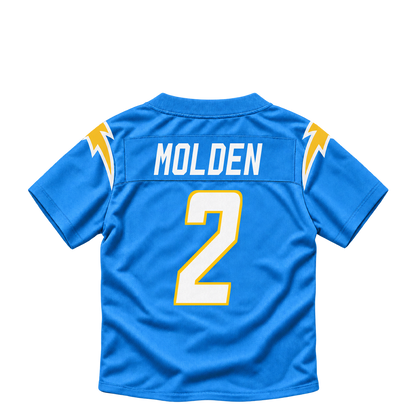 Los Angeles Chargers jersey keychain — Elijah Molden #2. Exact saved player artwork preview.