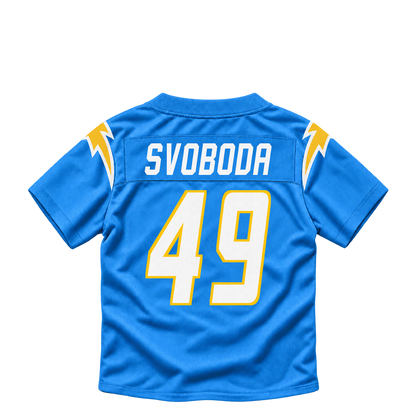 Los Angeles Chargers jersey keychain — Evan Svoboda #49. Exact saved player artwork preview.
