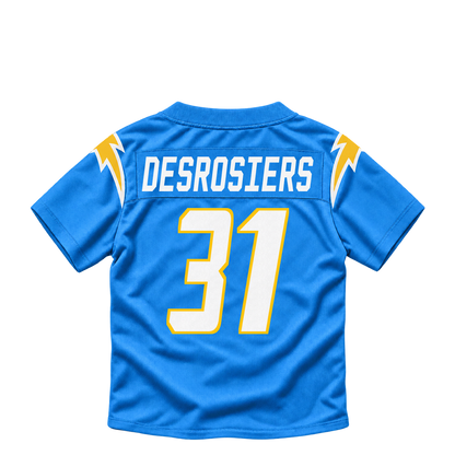 Los Angeles Chargers jersey keychain — Gregory Desrosiers #31. Exact saved player artwork preview.