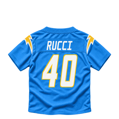 Los Angeles Chargers jersey keychain — Hayden Rucci #40. Exact saved player artwork preview.