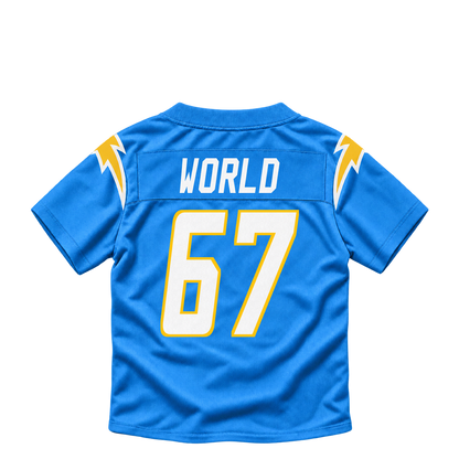 Los Angeles Chargers jersey keychain — Isaiah World #67. Exact saved player artwork preview.