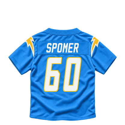 Los Angeles Chargers jersey keychain — Jacob Spomer #60. Exact saved player artwork preview.