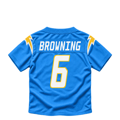 Los Angeles Chargers jersey keychain — Jake Browning #6. Exact saved player artwork preview.