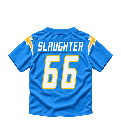Los Angeles Chargers jersey keychain — Jake Slaughter #66. Exact saved player artwork preview.
