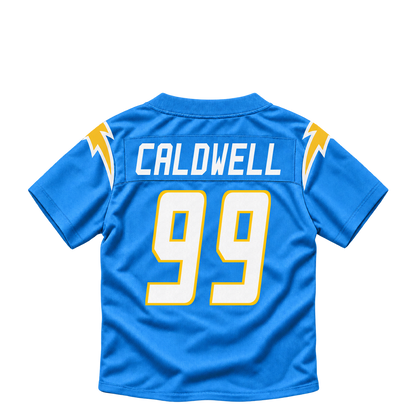 Los Angeles Chargers jersey keychain — Jamaree Caldwell #99. Exact saved player artwork preview.