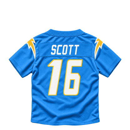 Los Angeles Chargers jersey keychain — JK Scott #16. Exact saved player artwork preview.