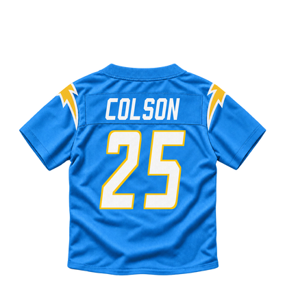 Los Angeles Chargers jersey keychain — Junior Colson #25. Exact saved player artwork preview.