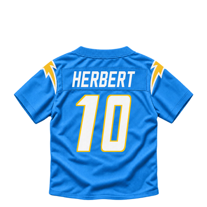 Los Angeles Chargers jersey keychain — Justin Herbert #10. Exact saved player artwork preview.