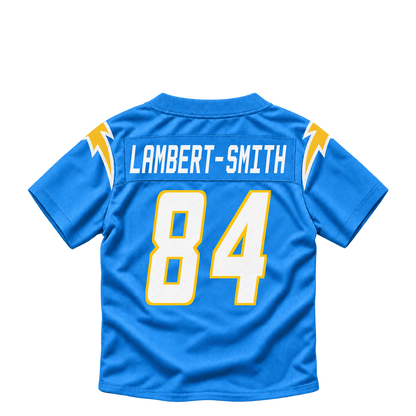 Los Angeles Chargers jersey keychain — KeAndre Lambert-Smith #84. Exact saved player artwork preview.