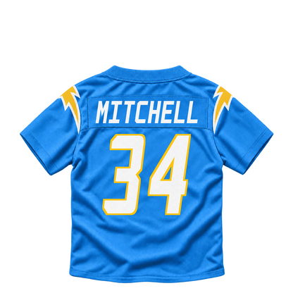 Los Angeles Chargers jersey keychain — Keaton Mitchell #34. Exact saved player artwork preview.
