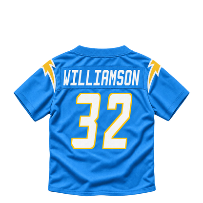 Los Angeles Chargers jersey keychain — Kendall Williamson #32. Exact saved player artwork preview.