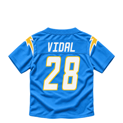 Los Angeles Chargers jersey keychain — Kimani Vidal #28. Exact saved player artwork preview.