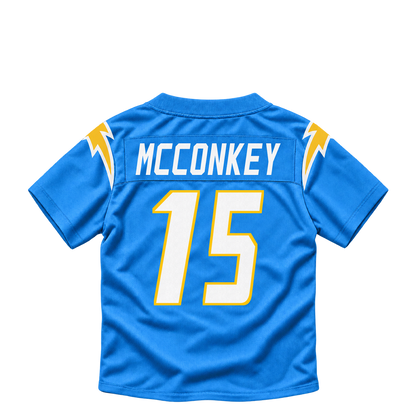 Los Angeles Chargers jersey keychain — Ladd McConkey #15. Exact saved player artwork preview.