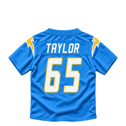 Los Angeles Chargers jersey keychain — Logan Taylor #65. Exact saved player artwork preview.