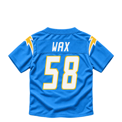 Los Angeles Chargers jersey keychain — Marlowe Wax #58. Exact saved player artwork preview.