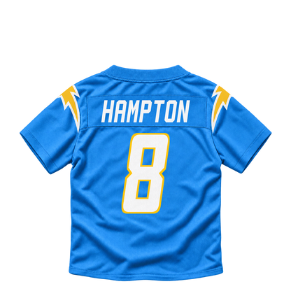 Los Angeles Chargers jersey keychain — Omarion Hampton #8. Exact saved player artwork preview.