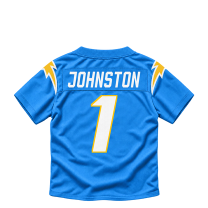 Los Angeles Chargers jersey keychain — Quentin Johnston #1. Exact saved player artwork preview.