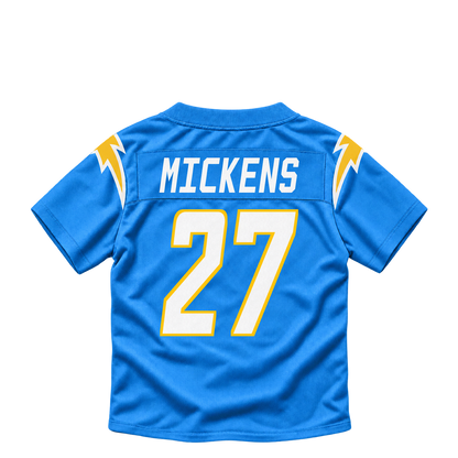 Los Angeles Chargers jersey keychain — RJ Mickens #27. Exact saved player artwork preview.