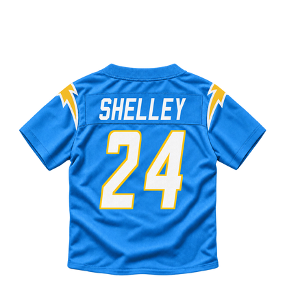 Los Angeles Chargers jersey keychain — Rodney Shelley #24. Exact saved player artwork preview.