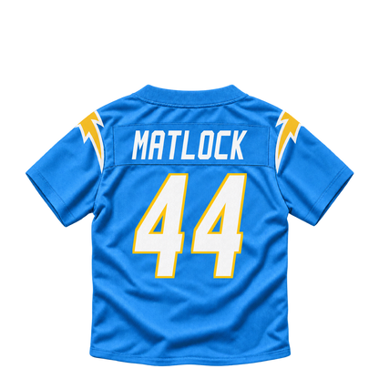 Los Angeles Chargers jersey keychain — Scott Matlock #44. Exact saved player artwork preview.
