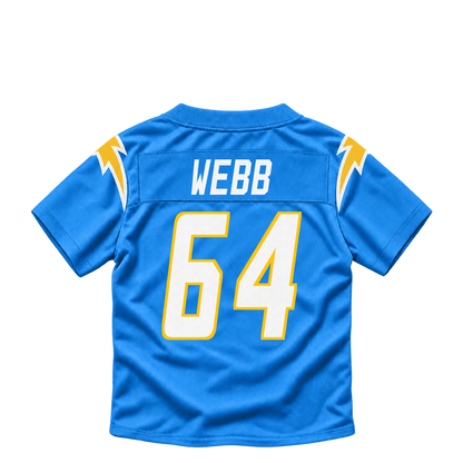 Los Angeles Chargers jersey keychain — Terry Webb #64. Exact saved player artwork preview.