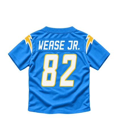 Los Angeles Chargers jersey keychain — Theo Wease Jr. #82. Exact saved player artwork preview.