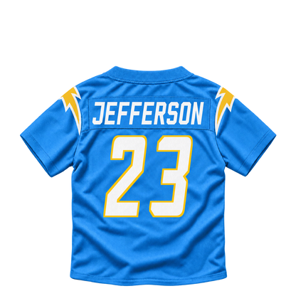 Los Angeles Chargers jersey keychain — Tony Jefferson #23. Exact saved player artwork preview.
