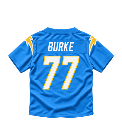 Los Angeles Chargers jersey keychain — Travis Burke #77. Exact saved player artwork preview.