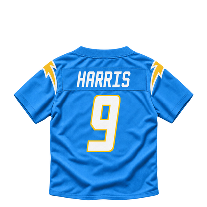 Los Angeles Chargers jersey keychain — Tre' Harris #9. Exact saved player artwork preview.