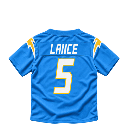 Los Angeles Chargers jersey keychain — Trey Lance #5. Exact saved player artwork preview.