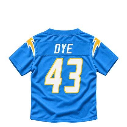 Los Angeles Chargers jersey keychain — Troy Dye #43. Exact saved player artwork preview.