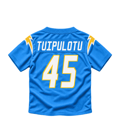 Los Angeles Chargers jersey keychain — Tuli Tuipulotu #45. Exact saved player artwork preview.