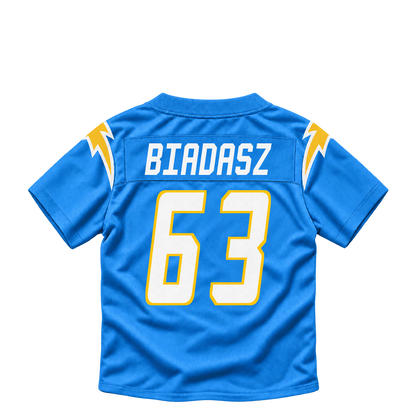 Los Angeles Chargers jersey keychain — Tyler Biadasz #63. Exact saved player artwork preview.