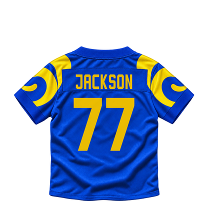 Los Angeles Rams jersey keychain — Alaric Jackson #77. Exact saved player artwork preview.