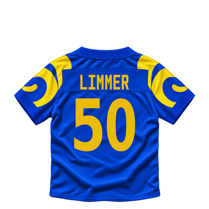 Los Angeles Rams jersey keychain — Beaux Limmer #50. Exact saved player artwork preview.