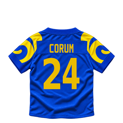 Los Angeles Rams jersey keychain — Blake Corum #24. Exact saved player artwork preview.