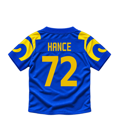 Los Angeles Rams jersey keychain — Blake Hance #72. Exact saved player artwork preview.