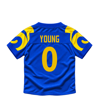 Los Angeles Rams jersey keychain — Byron Young #0. Exact saved player artwork preview.