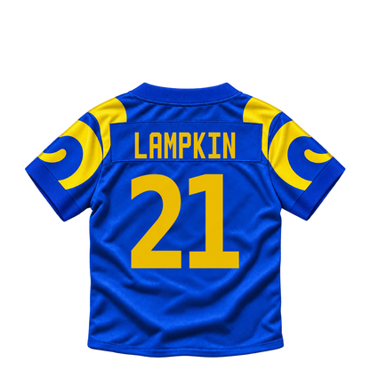 Los Angeles Rams jersey keychain — Cam Lampkin #21. Exact saved player artwork preview.