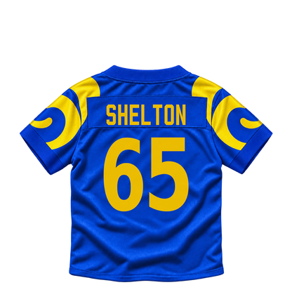 Los Angeles Rams jersey keychain — Coleman Shelton #65. Exact saved player artwork preview.