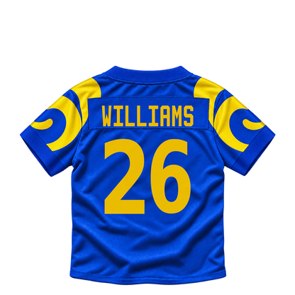 Los Angeles Rams jersey keychain — Damarion Williams #26. Exact saved player artwork preview.