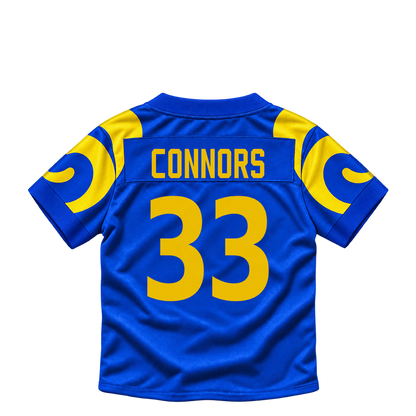 Los Angeles Rams jersey keychain — Dean Connors #33. Exact saved player artwork preview.