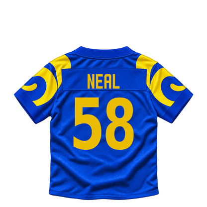 Los Angeles Rams jersey keychain — Elias Neal #58. Exact saved player artwork preview.