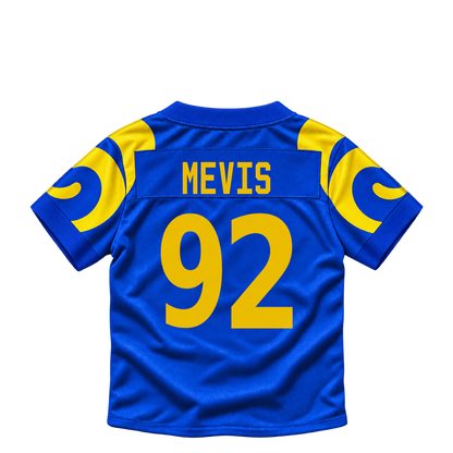 Los Angeles Rams jersey keychain — Harrison Mevis #92. Exact saved player artwork preview.