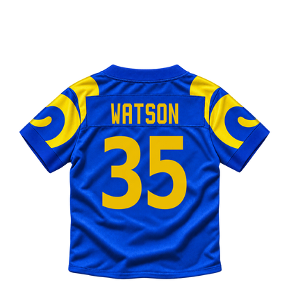 Los Angeles Rams jersey keychain — Jaylen Watson #35. Exact saved player artwork preview.