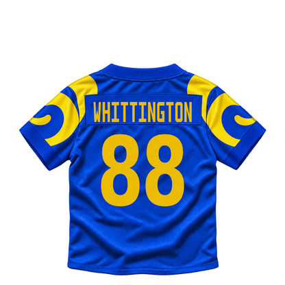 Los Angeles Rams jersey keychain — Jordan Whittington #88. Exact saved player artwork preview.