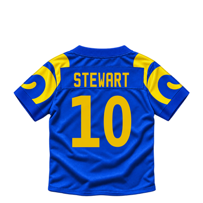 Los Angeles Rams jersey keychain — Josaiah Stewart #10. Exact saved player artwork preview.